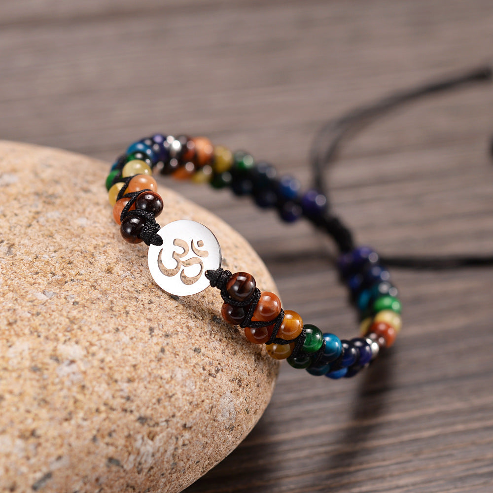 Colorful Tiger Eye Stone OM Bracelet 7 Chakra Meditation Yoga Spirituality Bracelet