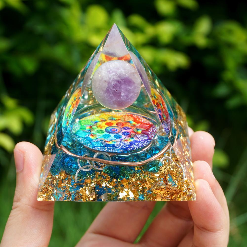 Handmade Amethyst Crystal Sphere Orgone Pyramid Copper Blue Quartz EMF Protection Energy Orgonite