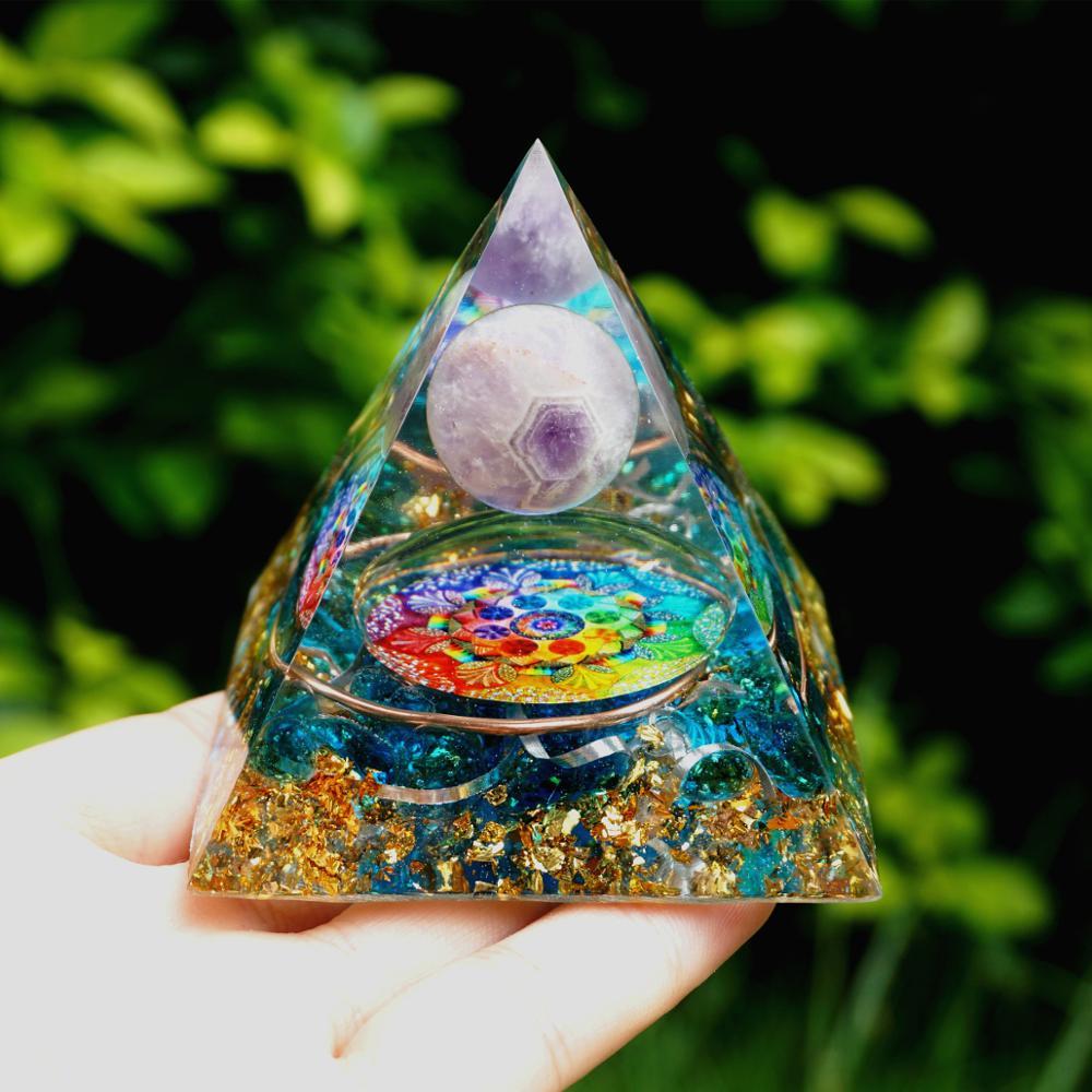 Handmade Amethyst Crystal Sphere Orgone Pyramid Copper Blue Quartz EMF Protection Energy Orgonite