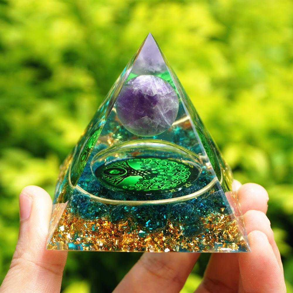 Handmade Tree of Life Orgone Pyramid Amethyst Crystal Sphere with Blue Quartz EMF Protection Chakra Orgonite