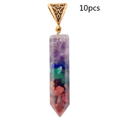 Seven Chakra Natural Crushed Stone Hexagon Column Necklace Aura Pendant